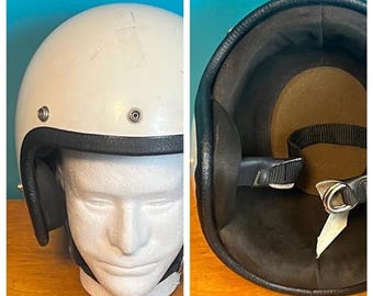 Vtg 70's Open Face Motorcycle Helmet and Leather Chin Strap Liner White
