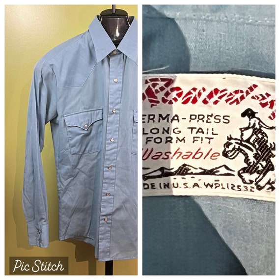 Vtg 70's Western Shirt by Round Up sz SM Lt. Blue… - image 1