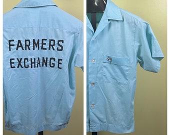 Vtg Hilton Bowling Shirt sz S 60's Blue S/S Chain Stitched "Farmers Exchange"