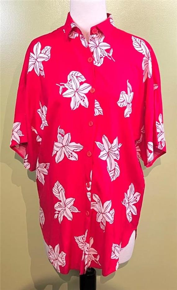 Vintage 1980's by KRASH Women's Hawaiian Shirt Size M White & Red