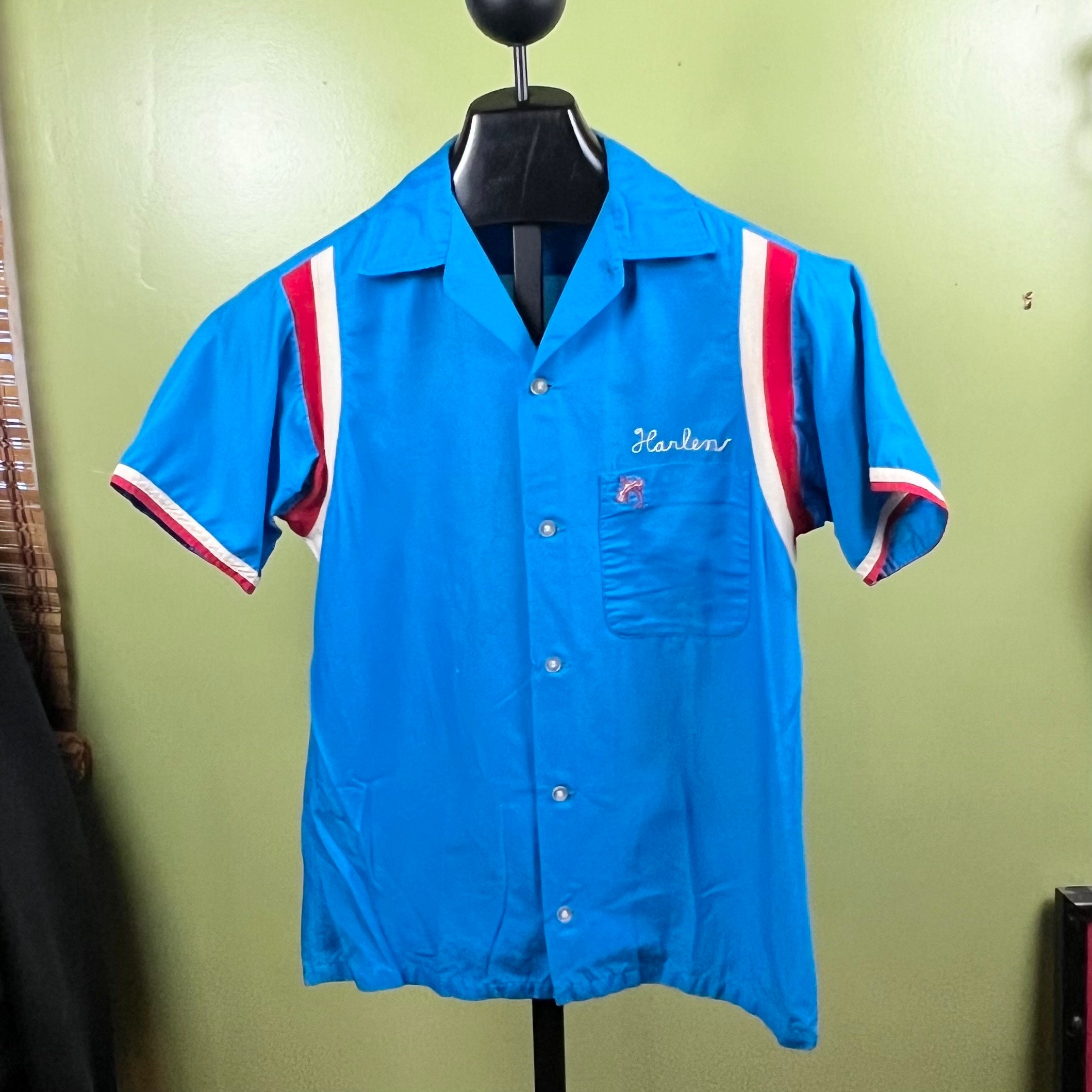 Vintage Hilton Bowling Shirt Sz Small 1970's Blue S/S 