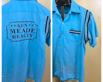 Vintage Hilton Bowling Shirt sz XL 1980's Blue S/S "Ken Meade Realty"