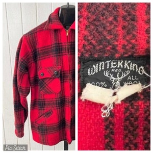 Vtg 50&#39;s Winter King Jacket sz Large Red Black Plaid TALON Wool