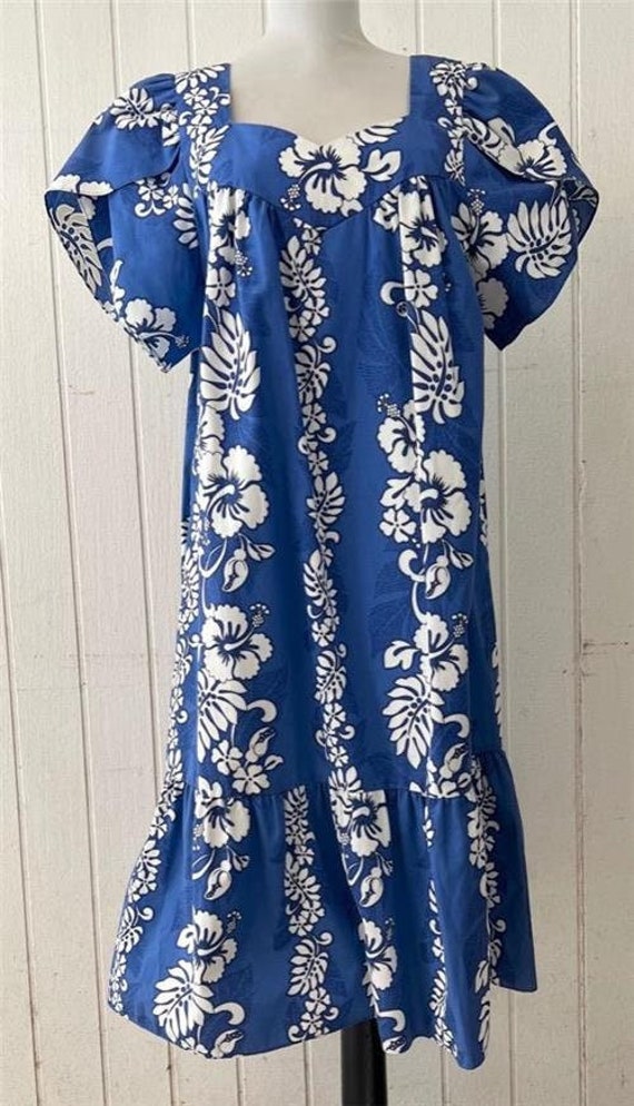 Vtg 80's Hawaiian Maxi Long Caftan Dress sz L Blue