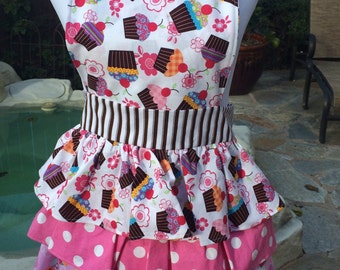 Ruffled cupcake apron in pinks and browns.