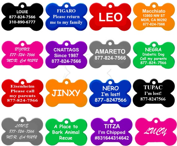 Pet ID Tags Bone Shape Sizes 8 Colors Personalized Premium Aluminum by CNATTAGS Etsy