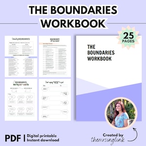 May include: A digital printable workbook titled "The Boundaries Workbook" with 25 pages. The cover features a purple background with a white rectangle in the center. The title is in black text. The workbook is designed to help people set healthy boundaries in their lives.