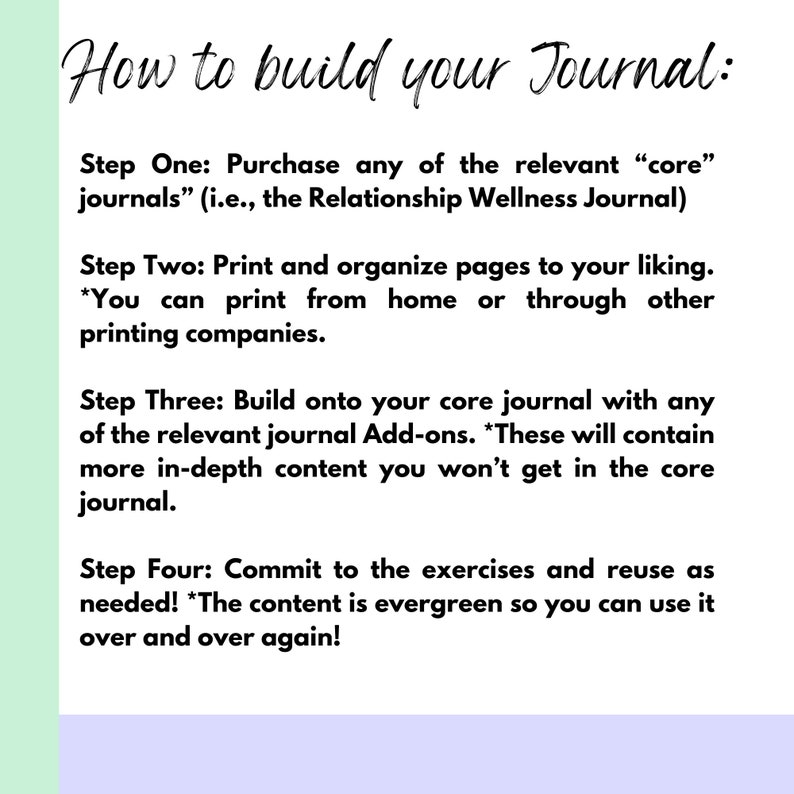 May include: A light purple background with white text outlining how to build a journal. The text includes steps on purchasing a core journal, printing and organizing pages, building onto the core journal with add-ons, and committing to the exercises.