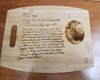 Custom Laser Engraved cutting board with a handwritten recipe and picture