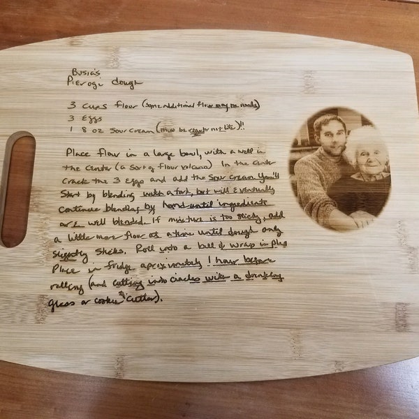 Custom Laser Engraved cutting board with a handwritten recipe and picture