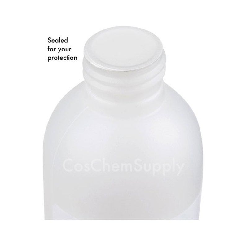 May include: A white frosted plastic bottle with a white screw-on lid. The lid is sealed for protection. The bottle is labeled "CosChemSupply".