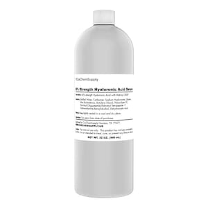 May include: A white plastic bottle of 67% strength Hyaluronic Acid Serum with Matrix 3000. The bottle is labeled with the ingredients, storage instructions, and the brand name CosChemSupply. The bottle contains 32 ounces (946 ml) of serum.