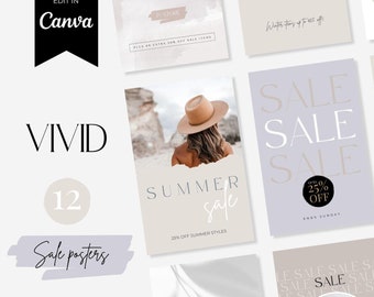 12 Sale Poster Templates for Canva - Beauty, Fashion, Salon, Retail - Neutral, Modern Design: Vivid