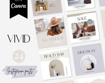 24 Instagram Post Templates for Canva - Beauty, Fashion, Salon, Retail - Neutral, Modern Design: Vivid