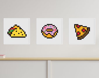 Food Pixel Art Prints Set – Taco, Donut, Pizza (Digital Download)