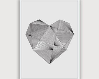 Geometric Heart Wall Art - Modern Black and White Hand Drawn Digital Print
