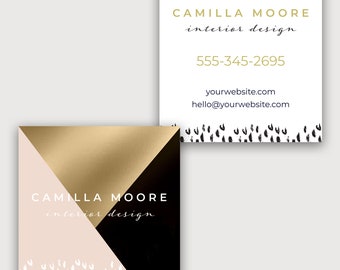 Square Business Card / Product Tag Editable Template - Gold Foil, Blush and Black Cheetah Animal Print