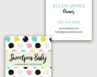 Square Kids Baby Business Card / Craft Product Tag Editable Template - Paint Dots