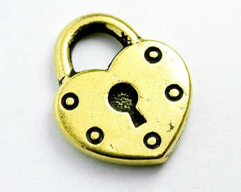 Heart Shaped Padlock Charm, 16x14mm, 24K Gold Plated, Made in USA, #TC163