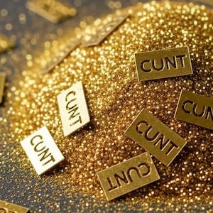 Könnte beinhalten: Ein Haufen aus feinem goldenem Glitzer mit mehreren kleinen, rechteckigen, goldfarbenen Metallplaketten, die darin verstreut sind. Jede Plakette zeigt das Wort CUNT in Großbuchstaben. Die Metallteile sind über den Haufen verteilt.