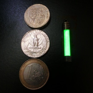 Puede incluir: Un colgante verde brillante junto a una moneda de euro, una moneda de veinticinco centavos de d&oacute;lar estadounidense y una moneda de una libra esterlina brit&aacute;nica. El colgante es un tubo peque&ntilde;o y transparente con un interior verde brillante. Las monedas son plateadas y doradas.