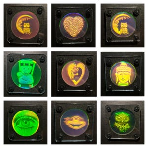 Vintage 1980s Glass Holograms, Many Designs , Limited Quantity, True 3D Effect, Safely Mounted In Magnetic Acrylic Frames.