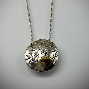 Fine Silver Lentil Bead Pendant: 24k Gold Heart, Sterling Chain