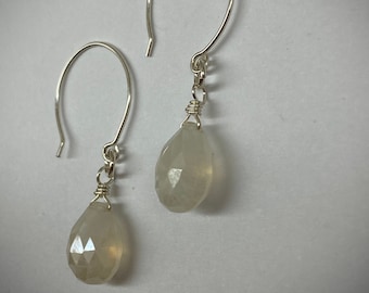 Off white chalcedony tear drop and sterling silver earrings.  The chalcedony milky off white. The ear wires are hand made using 20 gauge