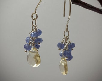 Lemon quartz and tanzanite sterling silver earrings.  Tanzanite rondelles.  Yellow tear drop beads.  Summer earrings.  Dangle earrings.