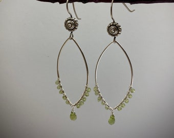 Peridot sterling silver marquis earrings. August birthstone.  Decorative sterling silver ear wires. Made in America. Sterling wire wrapped.