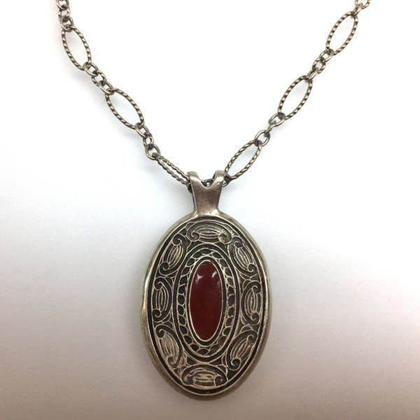 PMC necklace Fine silver necklace Asian influence Red epoxy Custom made Sterling silver patinated chain USA made Hand crafted Sterling clasp