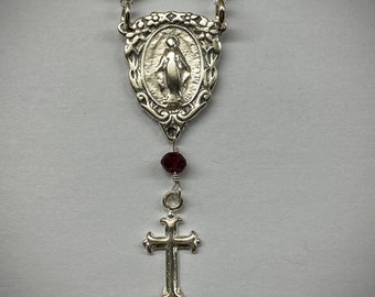 Sterling Silver Miraculous Medal Necklace: Garnet Beaded Catholic Jewelry