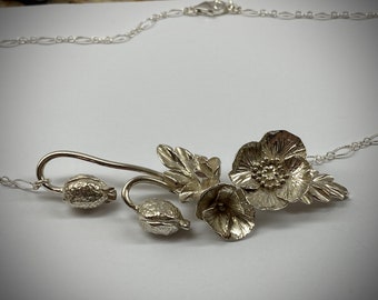Fine silver botanical necklace. Poppy flower.  Leaves and pods. Hand made flowers. Sterling silver necklace.  Flower necklace.  USA made