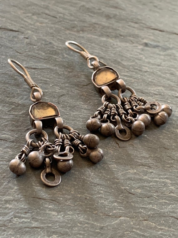 Vintage Tribal Silver and Glass Dangly Earrings f… - image 3