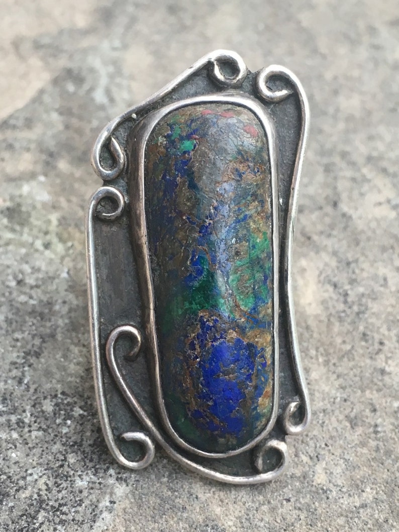 Vintage Large Sterling Silver Ring with Azurite Malachite Stone