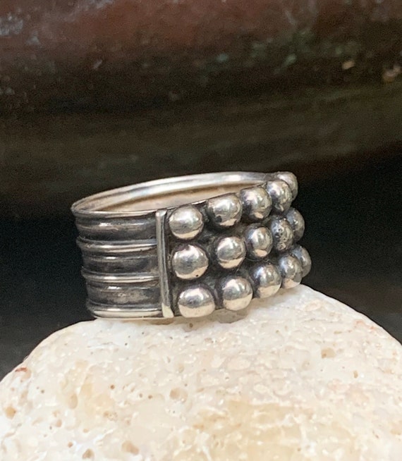 Wide Vintage Sterling Silver Ridged Band with Ball