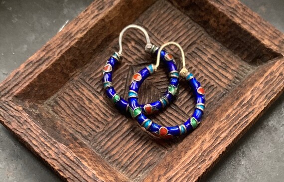 Exquisite Small Sterling and Enamel Hoops - image 1