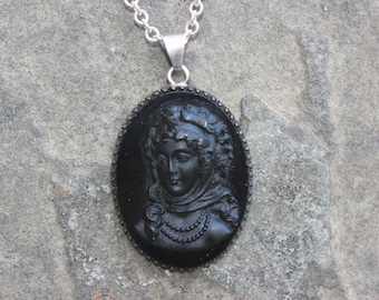 Vintage Black Cameo Pendant on Sterling Silver Chain