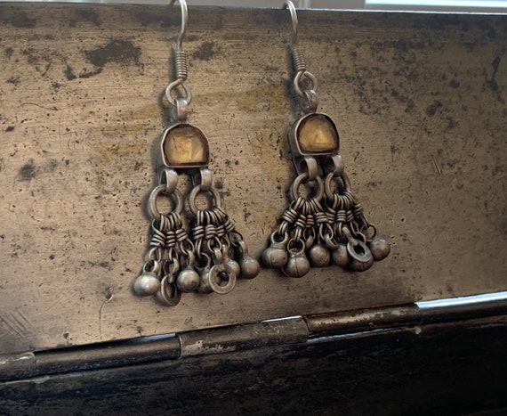 Vintage Tribal Silver and Glass Dangly Earrings f… - image 1