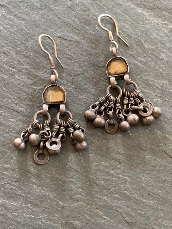 Vintage Tribal Silver and Glass Dangly Earrings f… - image 2
