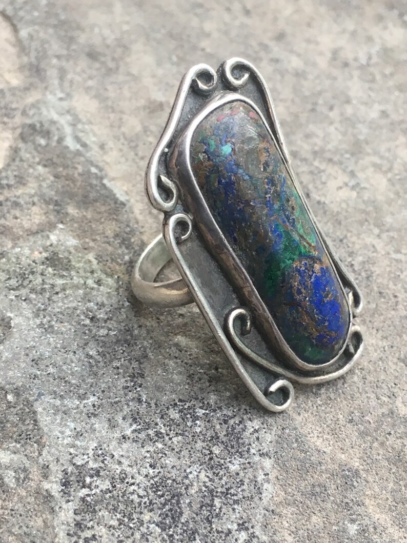 Vintage Large Sterling Silver Ring with Azurite Malachite Stone