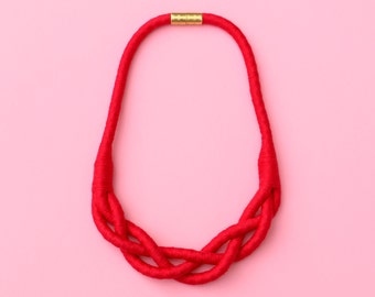 Ruby Red Textile Statement Necklace For Women, Unique Cotton Anniversary Gifts For Wife