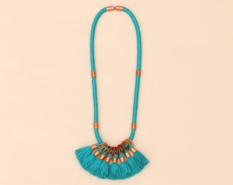 Teal Tassel Statement Necklace, Unique Jewelry For Her