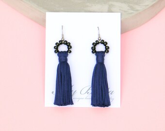 Navy Tassel Earrings Black And Blue, Unique Woman Gifts