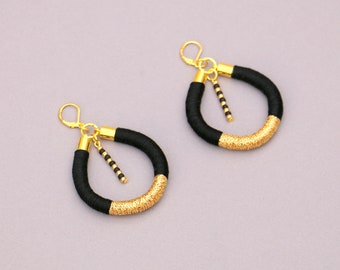 Gold Black Statement Hoop Earrings, Unique Gifts For Women