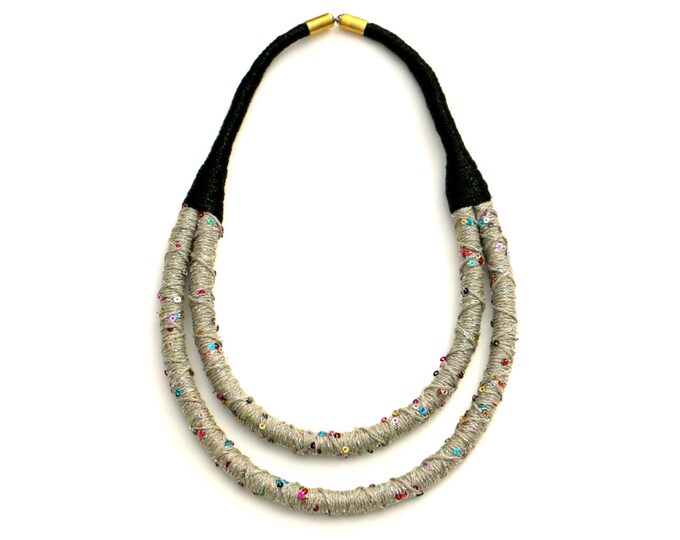 Fabric Rope Necklace Silver Gray With Colorful Paillettes, Double