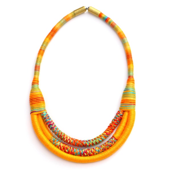 Fabric rope bib necklace yellow/multi color, cotton wrapped yellow bib rope necklace, colorful fabric rope necklace yellow multi color