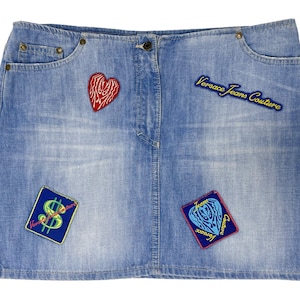 2000s Versace Jeans Couture, y2k Versace, Versace denim skirt, Versace patches skirt, y2k denim Versace, denim mini skirt
