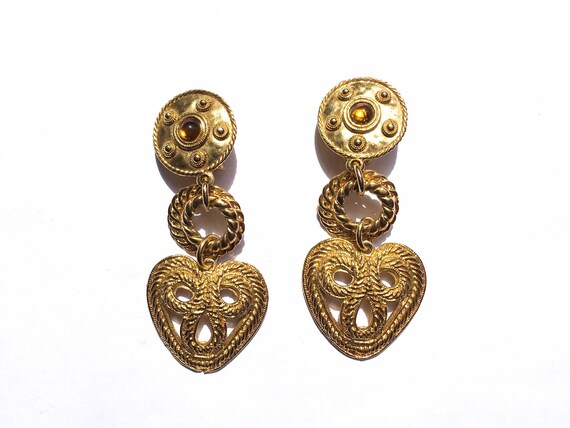 80s earrings, gold heart earrings, gold earrings,