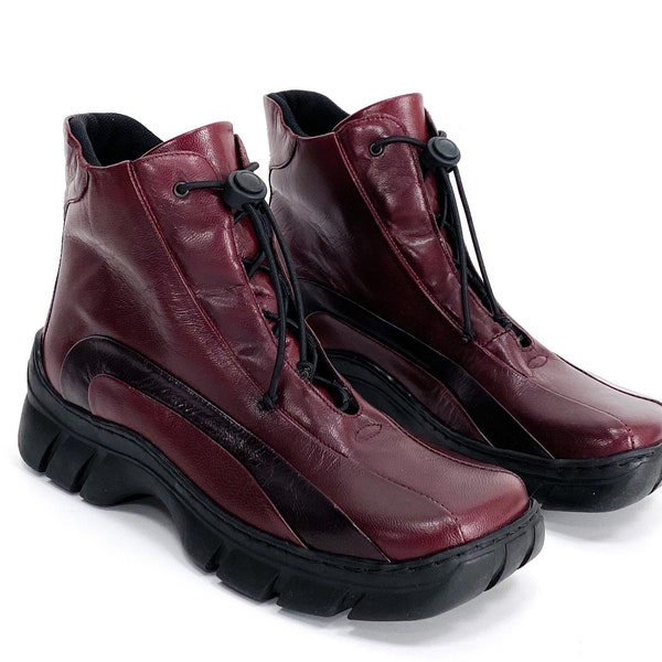 2000s square toe boots, y2k ankle boots, oxblood boots, vintage chunky shoes, drawstring boots, vintage leather boots, 90s leather boots